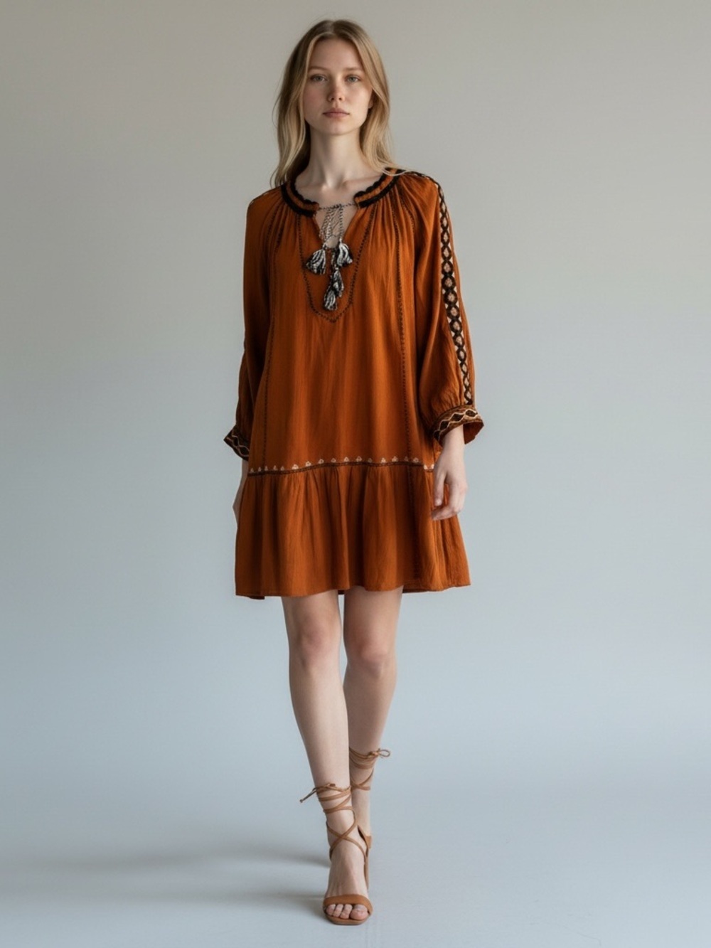 BA&SH Rust Black Tassel-Trim Mini Dress Boho Flowy 2 Embroidered Casual Festival